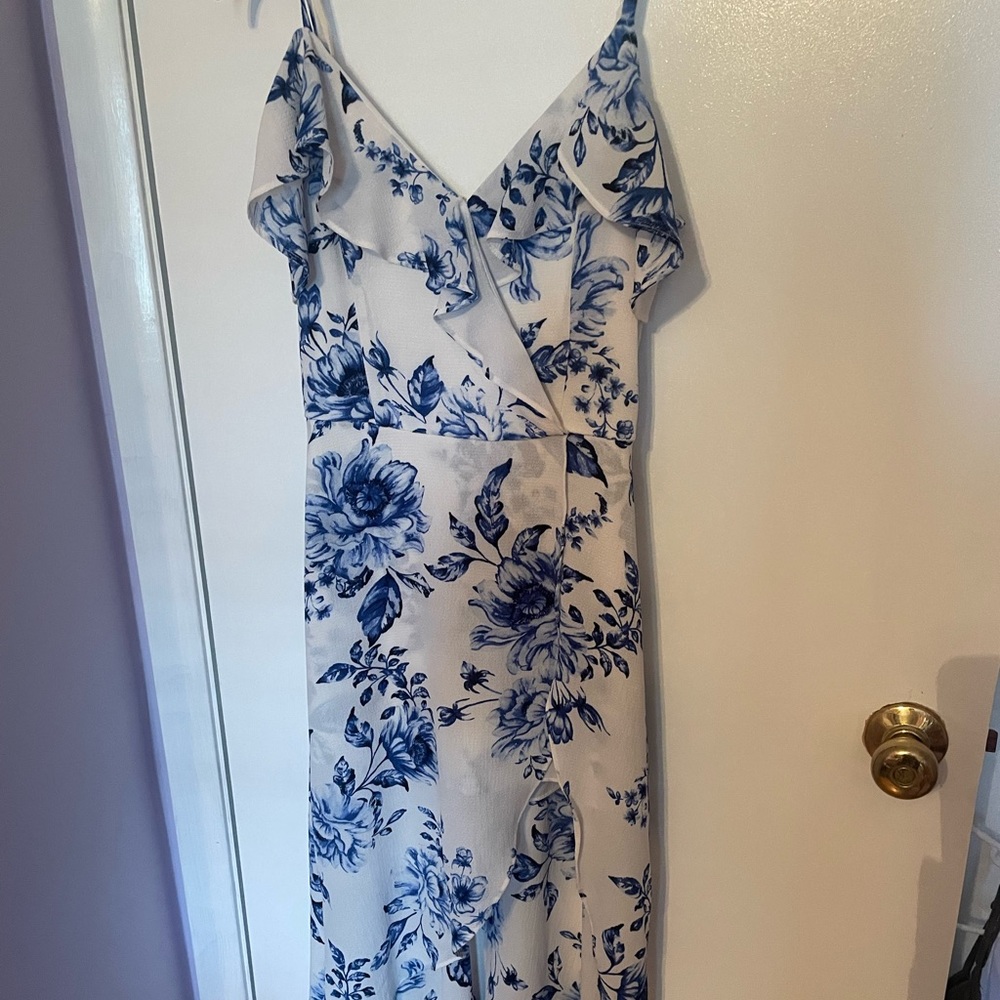 High-low white with blue floral detail dress